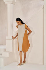 Cap Sleeve 2 Colour Dress Sand Brown - Chi Linen