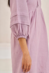 Pleated Sleeves V-neck Dress Pink - Chi Linen