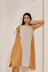 Cap Sleeve 2 Colour Dress Sand Brown - Chi Linen