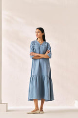 Gathered Neckline Long Dress Airforce Blue - Chi Linen