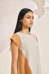 Cap Sleeve 2 Colour Dress Sand Brown - Chi Linen