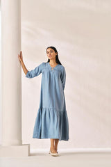 Gathered Neckline Long Dress Airforce Blue - Chi Linen