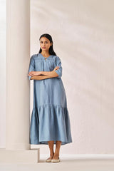 Gathered Neckline Long Dress Airforce Blue - Chi Linen