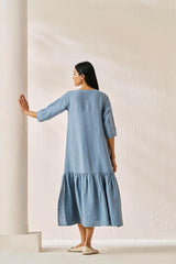 Gathered Neckline Long Dress Airforce Blue - Chi Linen