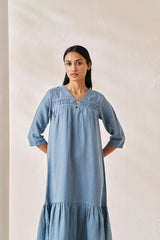 Gathered Neckline Long Dress Airforce Blue - Chi Linen