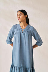 Gathered Neckline Long Dress Airforce Blue - Chi Linen