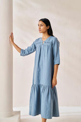 Gathered Neckline Long Dress Airforce Blue - Chi Linen