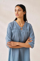 Gathered Neckline Long Dress Airforce Blue - Chi Linen