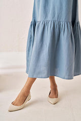 Gathered Neckline Long Dress Airforce Blue - Chi Linen