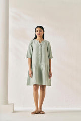 Front Opening Flared Dress Mint Green - Chi Linen