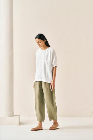 Pleated Top and Harem Pants Co-ord Set White and Olive