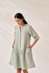 Front Opening Flared Dress Mint Green - Chi Linen