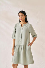 Front Opening Flared Dress Mint Green - Chi Linen