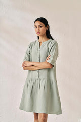 Front Opening Flared Dress Mint Green - Chi Linen