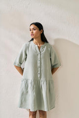 Front Opening Flared Dress Mint Green - Chi Linen