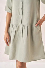 Front Opening Flared Dress Mint Green - Chi Linen