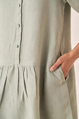 Front Opening Flared Dress Mint Green - Chi Linen