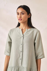 Front Opening Flared Dress Mint Green - Chi Linen