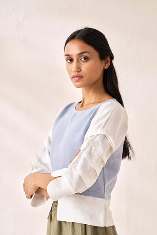 Front Slit 2 Colour Top Pacific Blue - Chi Linen