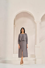 2 Layer Front Slit Dress Stone Grey - Chi Linen