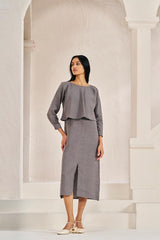 2 Layer Front Slit Dress Stone Grey - Chi Linen