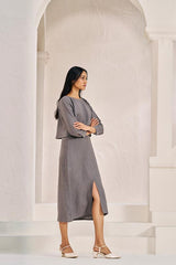 2 Layer Front Slit Dress Stone Grey - Chi Linen