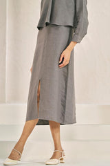 2 Layer Front Slit Dress Stone Grey - Chi Linen