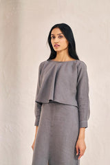 2 Layer Front Slit Dress Stone Grey - Chi Linen