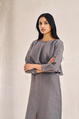 2 Layer Front Slit Dress Stone Grey - Chi Linen