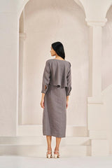 2 Layer Front Slit Dress Stone Grey - Chi Linen