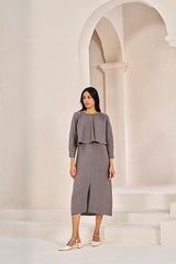 2 Layer Front Slit Dress Stone Grey - Chi Linen